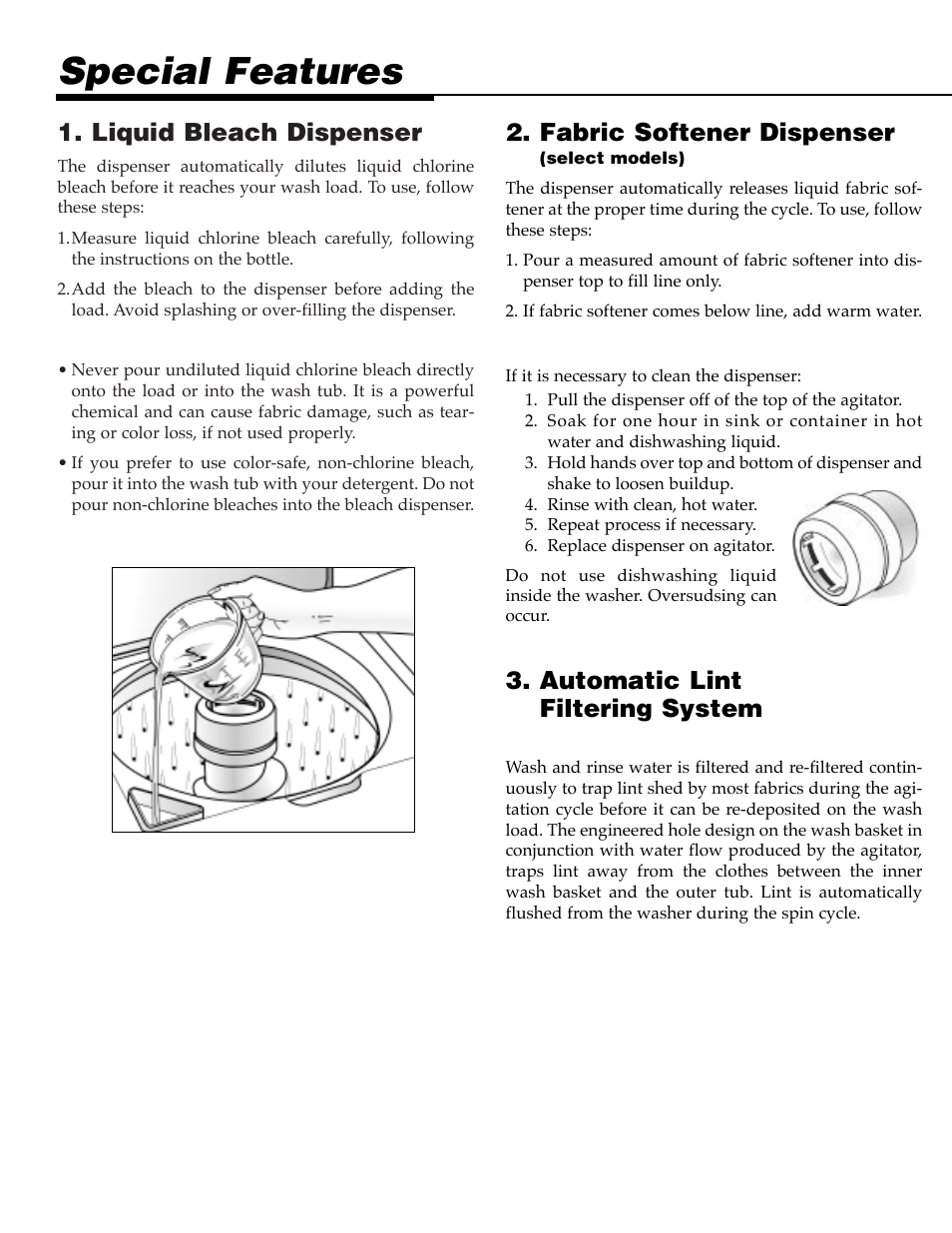 Special features, Liquid bleach dispenser, Fabric softener dispenser | Automatic lint filtering system | NEC PAV-1 User Manual | Page 6 / 28