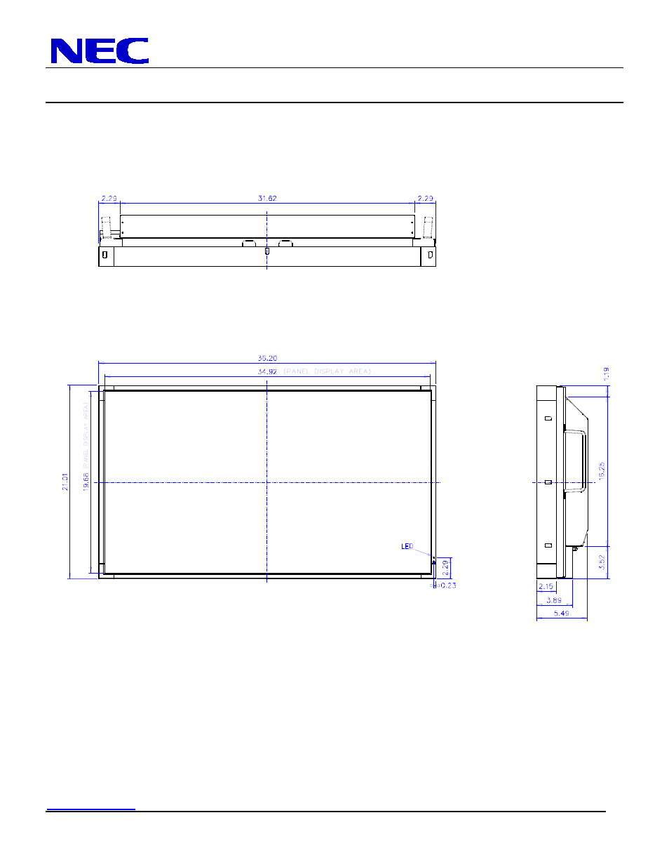 40” lcd display, Display dimensions, Nec display solutions of america, inc | NEC LCD4020-2 User Manual | Page 3 / 9