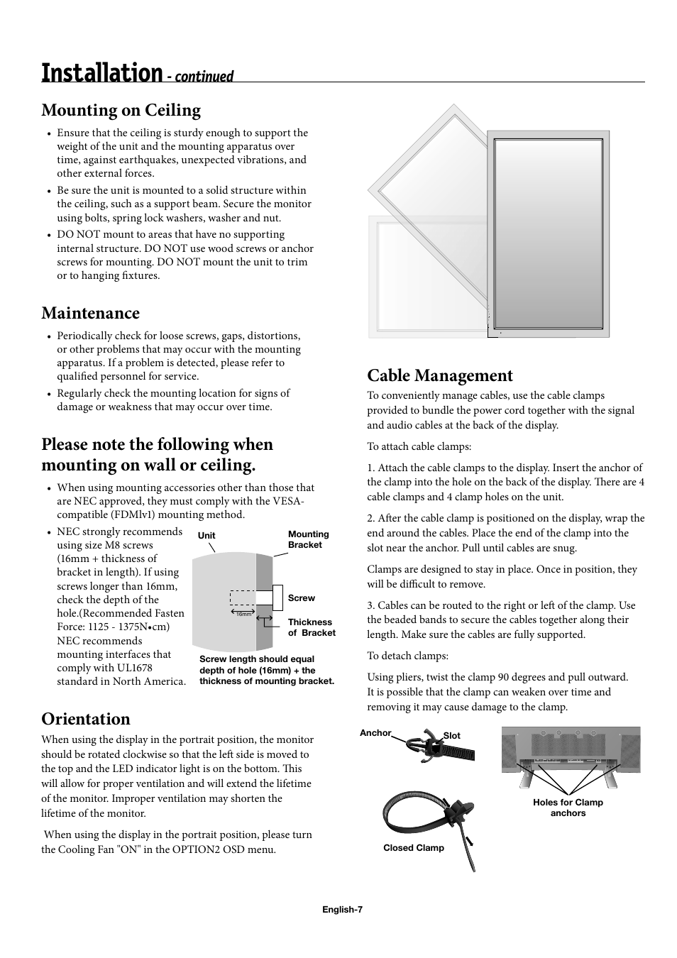Installation, Mounting on ceiling, Maintenance | Orientation, Cable management, Continued | NEC 42XP10 User Manual | Page 10 / 44