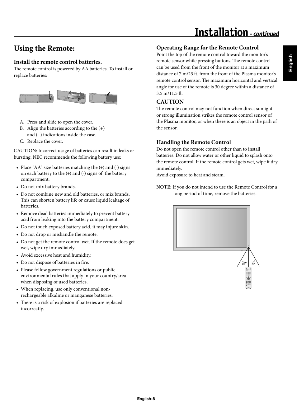 Installation, Using the remote, Continued | Install the remote control batteries, Operating range for the remote control, Caution, Handling the remote control | NEC 42XP10 User Manual | Page 11 / 44