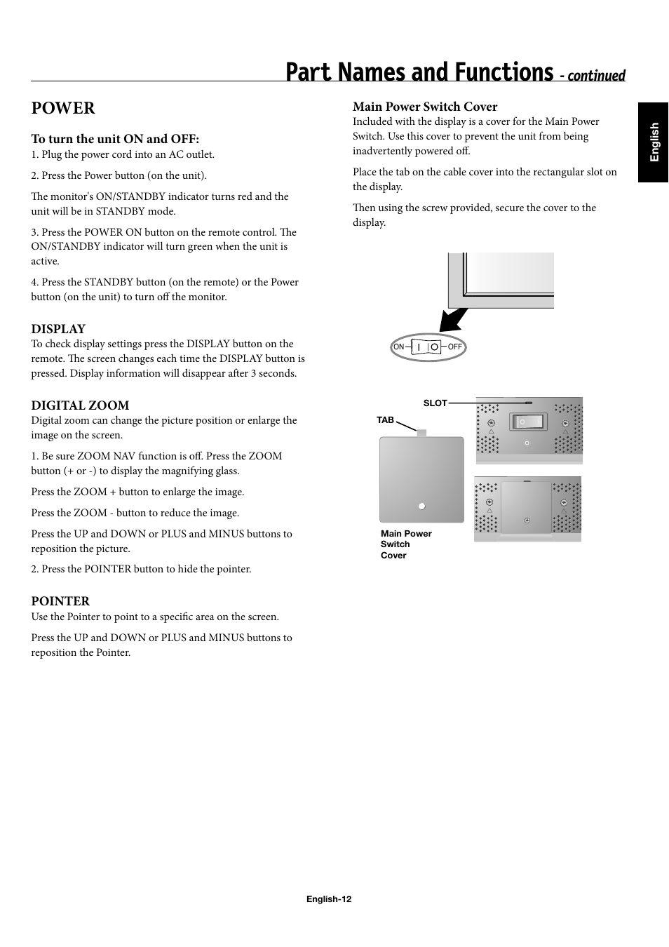 Part names and functions, Power, Continued | NEC 42XP10 User Manual | Page 15 / 44