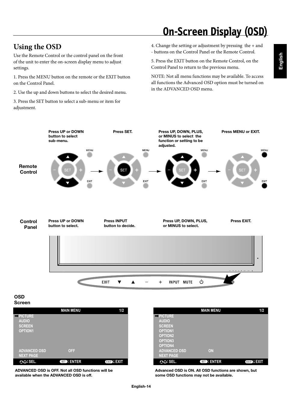 On-screen display (osd), Using the osd | NEC 42XP10 User Manual | Page 17 / 44