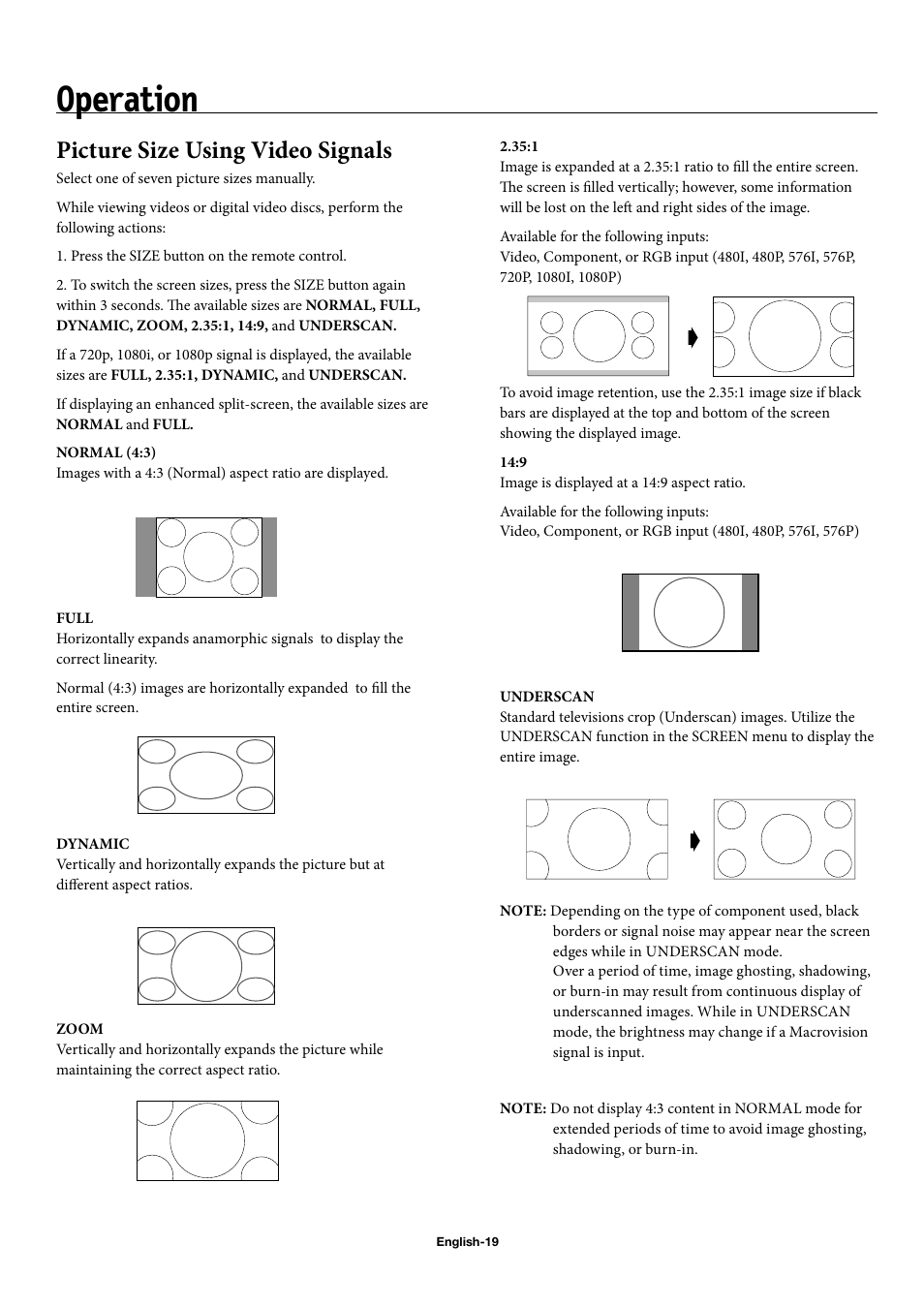 Operation, Picture size using video signals | NEC 42XP10 User Manual | Page 22 / 44