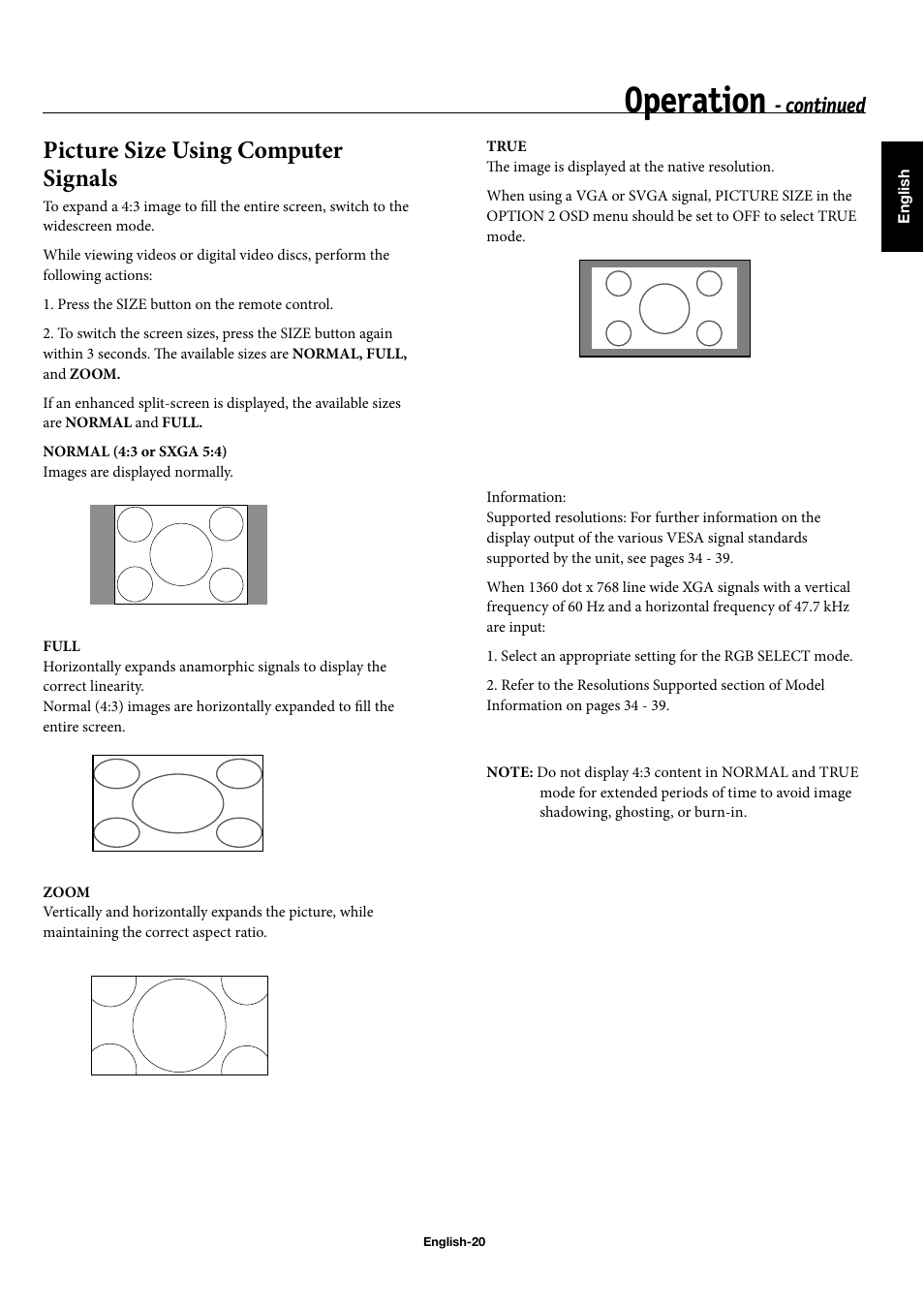 Operation, Picture size using computer signals, Continued | NEC 42XP10 User Manual | Page 23 / 44