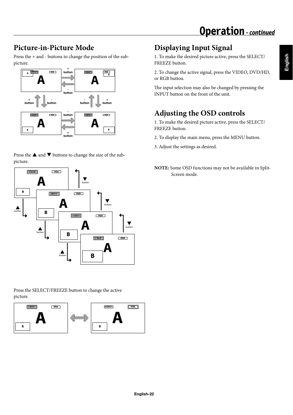 Operation, Picture-in-picture mode, Displaying input signal | Adjusting the osd controls, Continued | NEC 42XP10 User Manual | Page 25 / 44