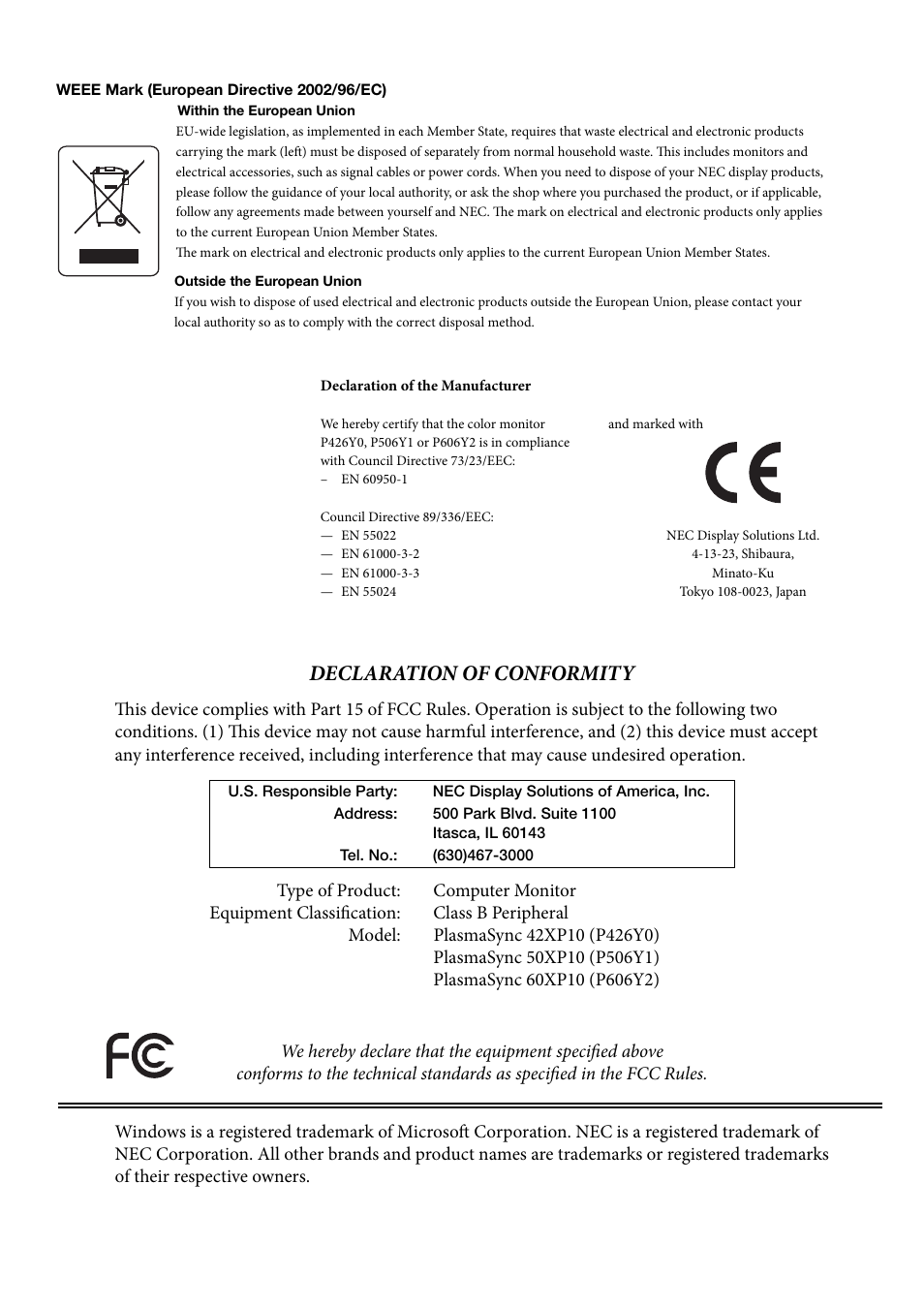 Declaration of conformity | NEC 42XP10 User Manual | Page 44 / 44