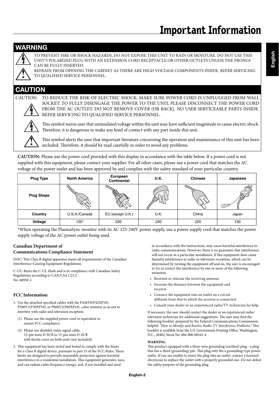 Important information, Warning, Caution | NEC 42XP10 User Manual | Page 5 / 44