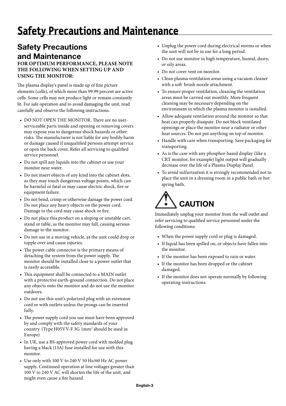 Safety precautions and maintenance, Caution | NEC 42XP10 User Manual | Page 6 / 44
