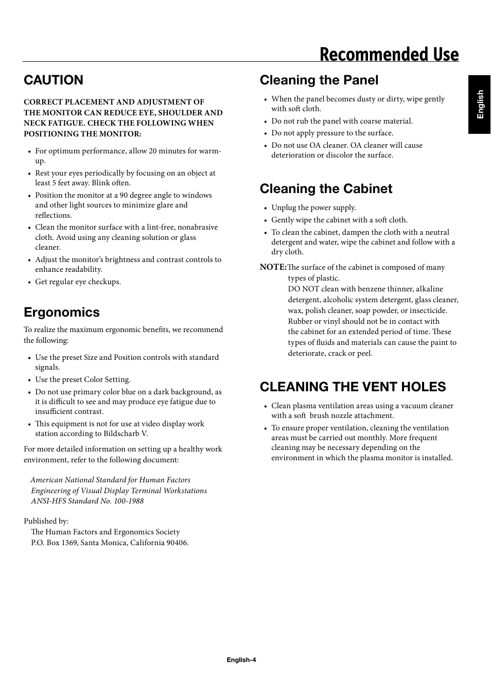 Recommended use, Caution, Ergonomics | Cleaning the panel, Cleaning the cabinet, Cleaning the vent holes | NEC 42XP10 User Manual | Page 7 / 44
