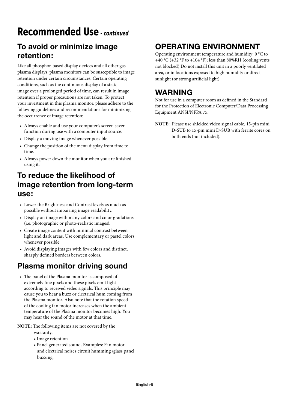 Recommended use, Plasma monitor driving sound, Operating environment | Warning, Continued | NEC 42XP10 User Manual | Page 8 / 44
