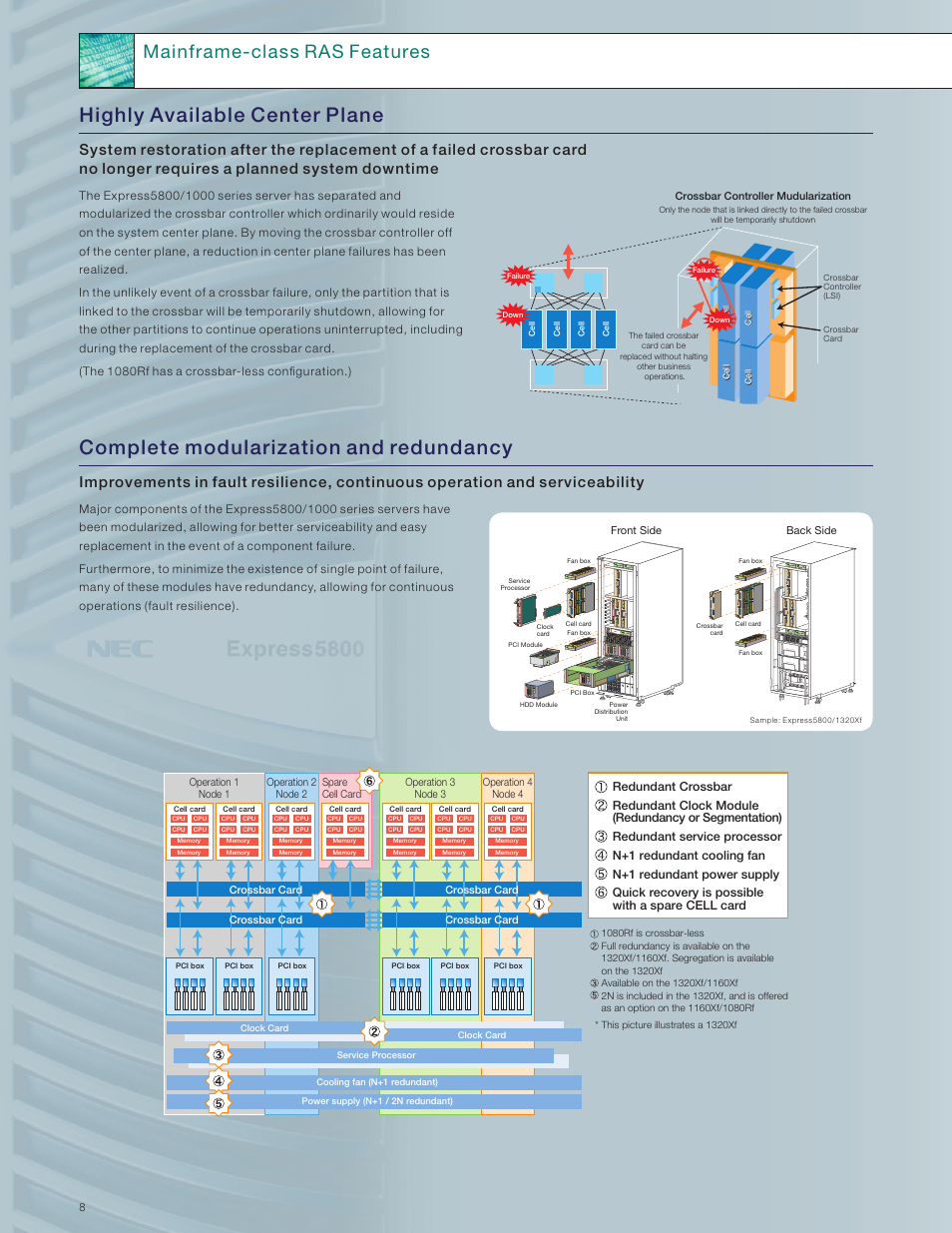 Highly available center plane, Complete modularization and redundancy, Mainframe-class ras features | NEC 1000 Series User Manual | Page 8 / 12