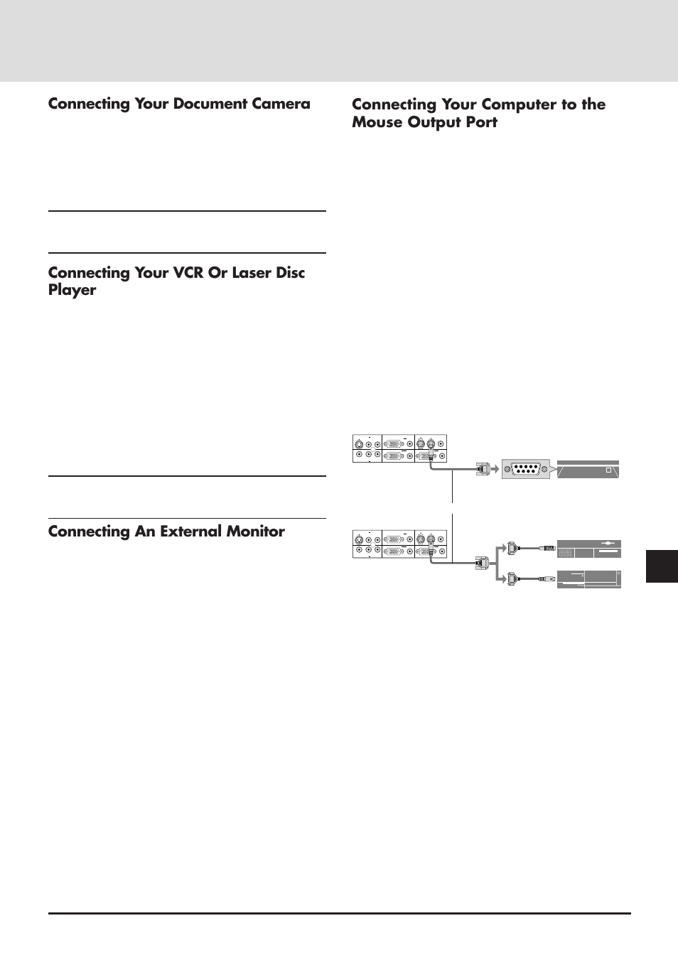 Connecting your document camera, Connecting your vcr or laser disc player, Connecting an external monitor | Connecting your computer to the mouse output port | NEC MT830 User Manual | Page 26 / 48