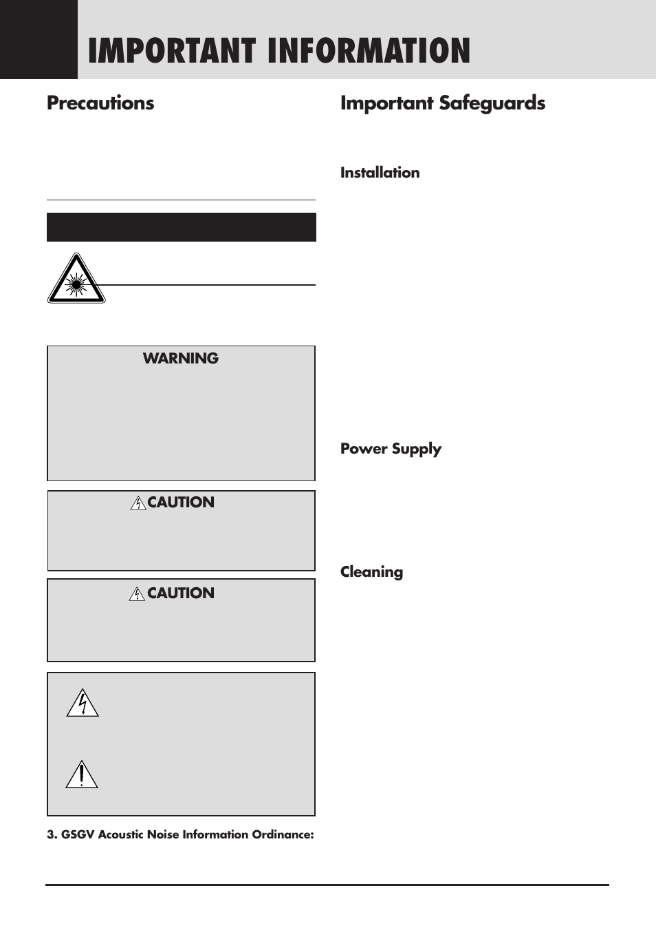 Important information, Caution, Precautions | Important safeguards, Warning, Installation, Power supply, Cleaning | NEC MT830 User Manual | Page 3 / 48