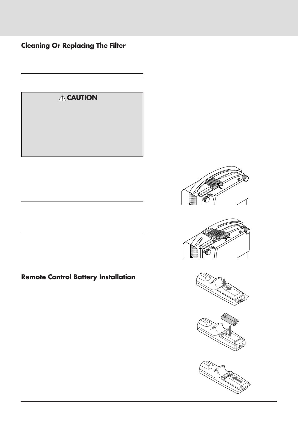 Cleaning or replacing the filter, Caution, Remote control battery installation | NEC MT830 User Manual | Page 39 / 48