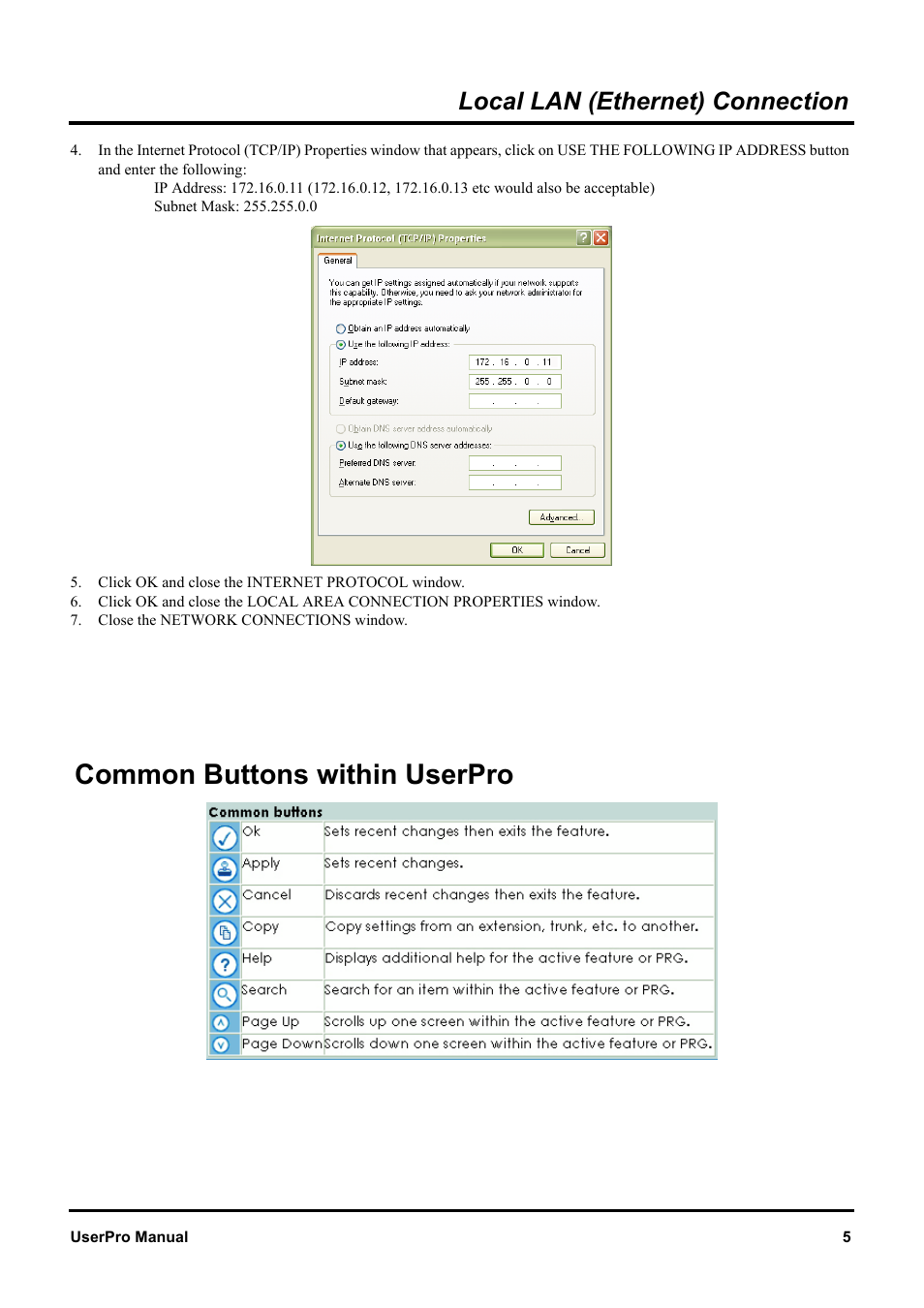 Common buttons within userpro, Local lan (ethernet) connection | NEC XN120 User Manual | Page 11 / 30