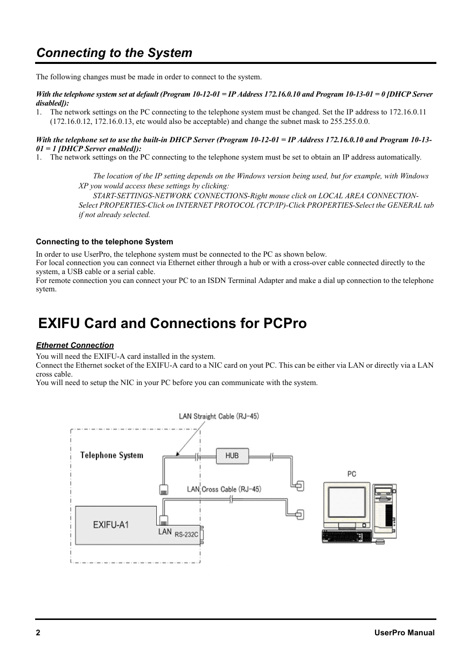 Exifu card and connections for pcpro, Ethernet connection, Connecting to the system | NEC XN120 User Manual | Page 8 / 30