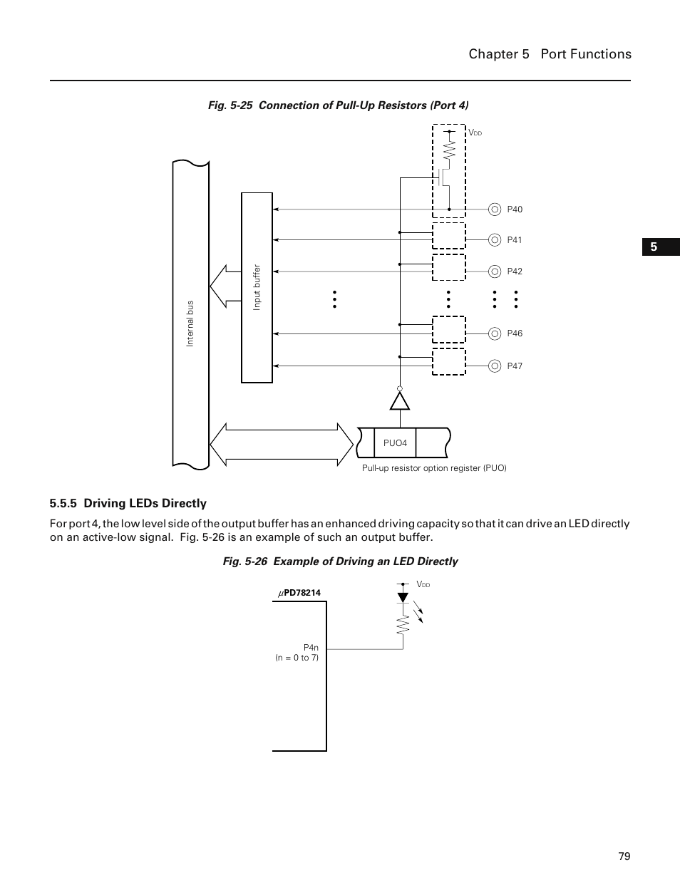 5 driving leds directly, Chapter 5 port functions | NEC PD78214 User Manual | Page 108 / 487