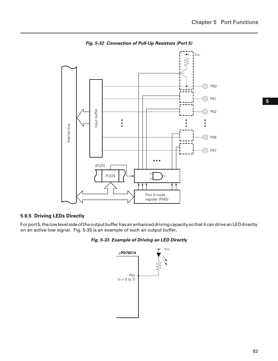 5 driving leds directly, Chapter 5 port functions | NEC PD78214 User Manual | Page 112 / 487