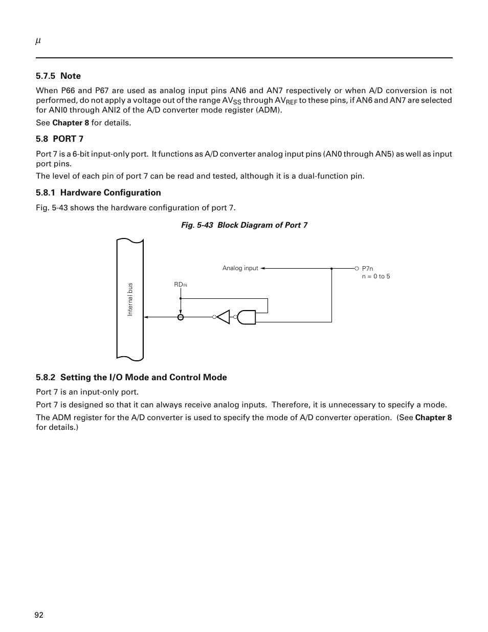 5 note, 8 port 7, 1 hardware configuration | 2 setting the i/o mode and control mode | NEC PD78214 User Manual | Page 121 / 487