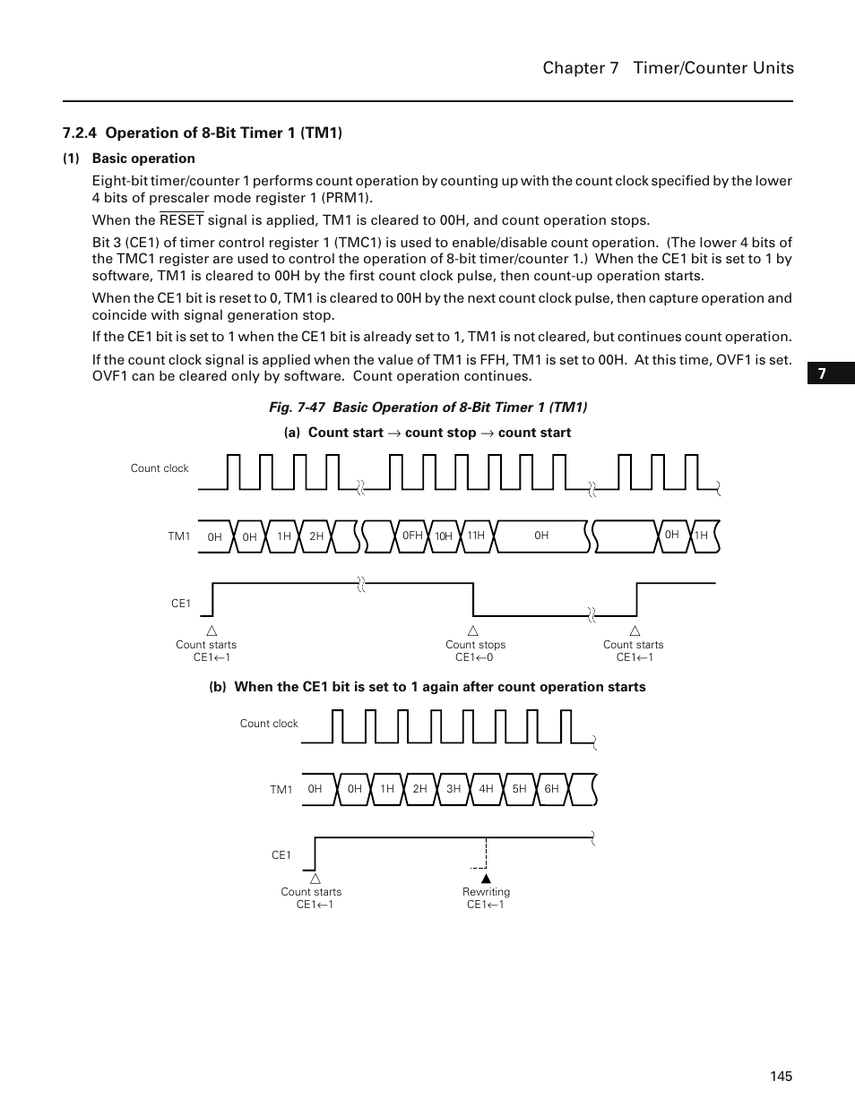 4 operation of 8-bit timer 1 (tm1), Chapter 7 timer/counter units | NEC PD78214 User Manual | Page 174 / 487