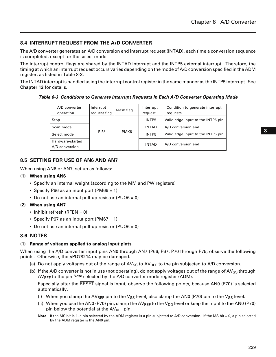 4 interrupt request from the a/d converter, 5 setting for use of an6 and an7, 6 notes | Chapter 8 a/d converter | NEC PD78214 User Manual | Page 268 / 487