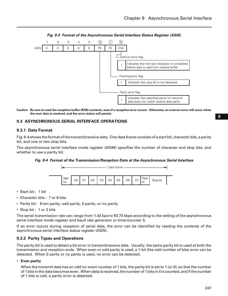 3 asynchronous serial interface operations, 1 data format, 2 parity types and operations | Chapter 9 asynchronous serial interface | NEC PD78214 User Manual | Page 276 / 487