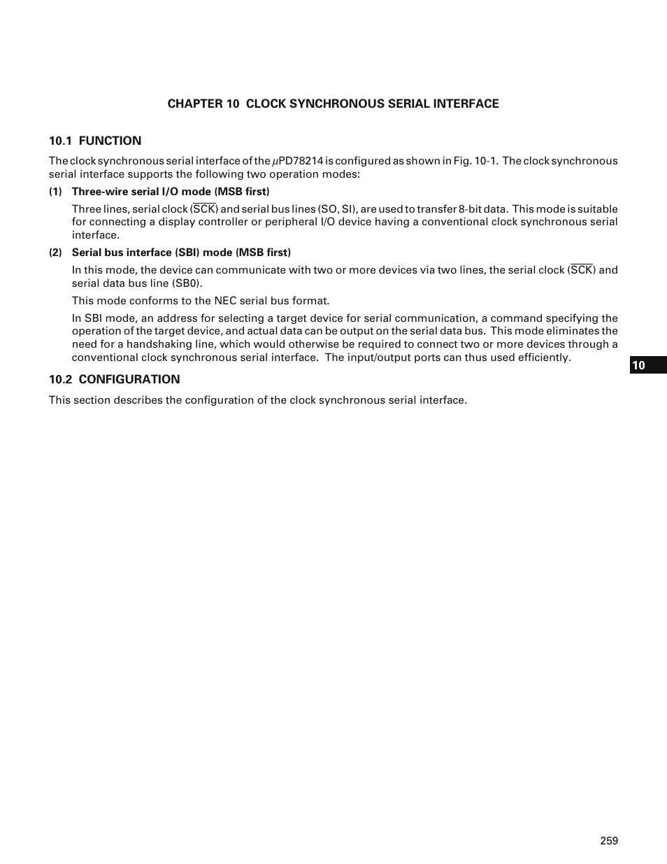 Chapter 10 clock synchronous serial interface, 1 function, 2 configuration | NEC PD78214 User Manual | Page 288 / 487