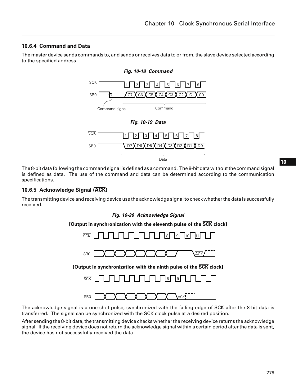 4 command and data, 5 acknowledge signal (ack#), Chapter 10 clock synchronous serial interface | 5 acknowledge signal (ack) | NEC PD78214 User Manual | Page 308 / 487