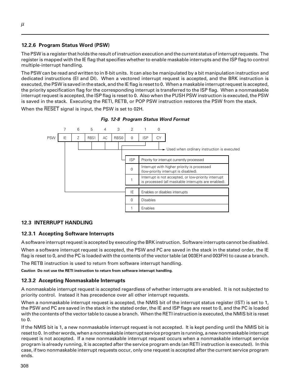 6 program status word (psw), 3 interrupt handling, 1 accepting software interrupts | 2 accepting nonmaskable interrupts | NEC PD78214 User Manual | Page 337 / 487