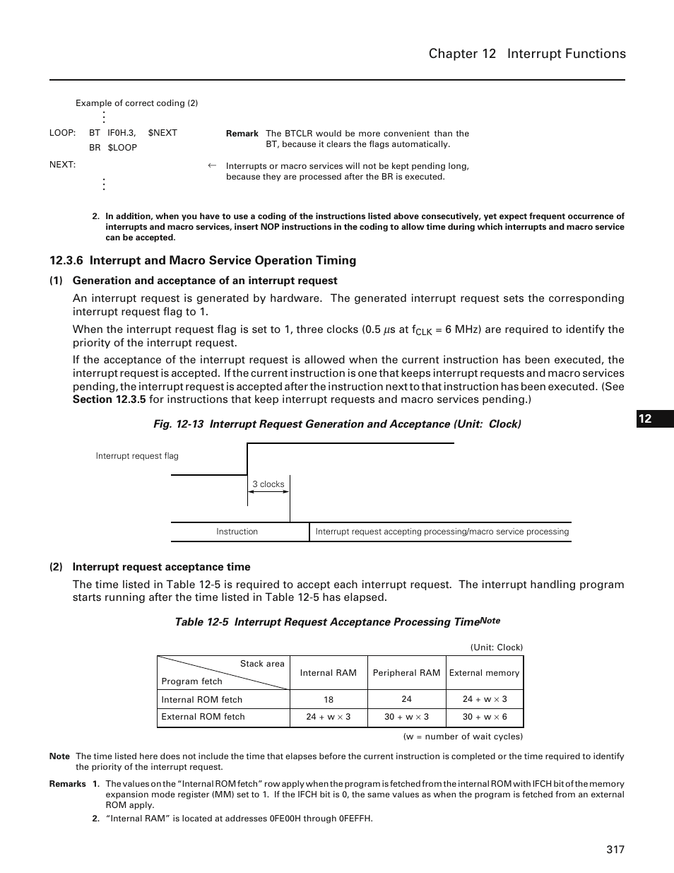 6 interrupt and macro service operation timing, Chapter 12 interrupt functions | NEC PD78214 User Manual | Page 346 / 487