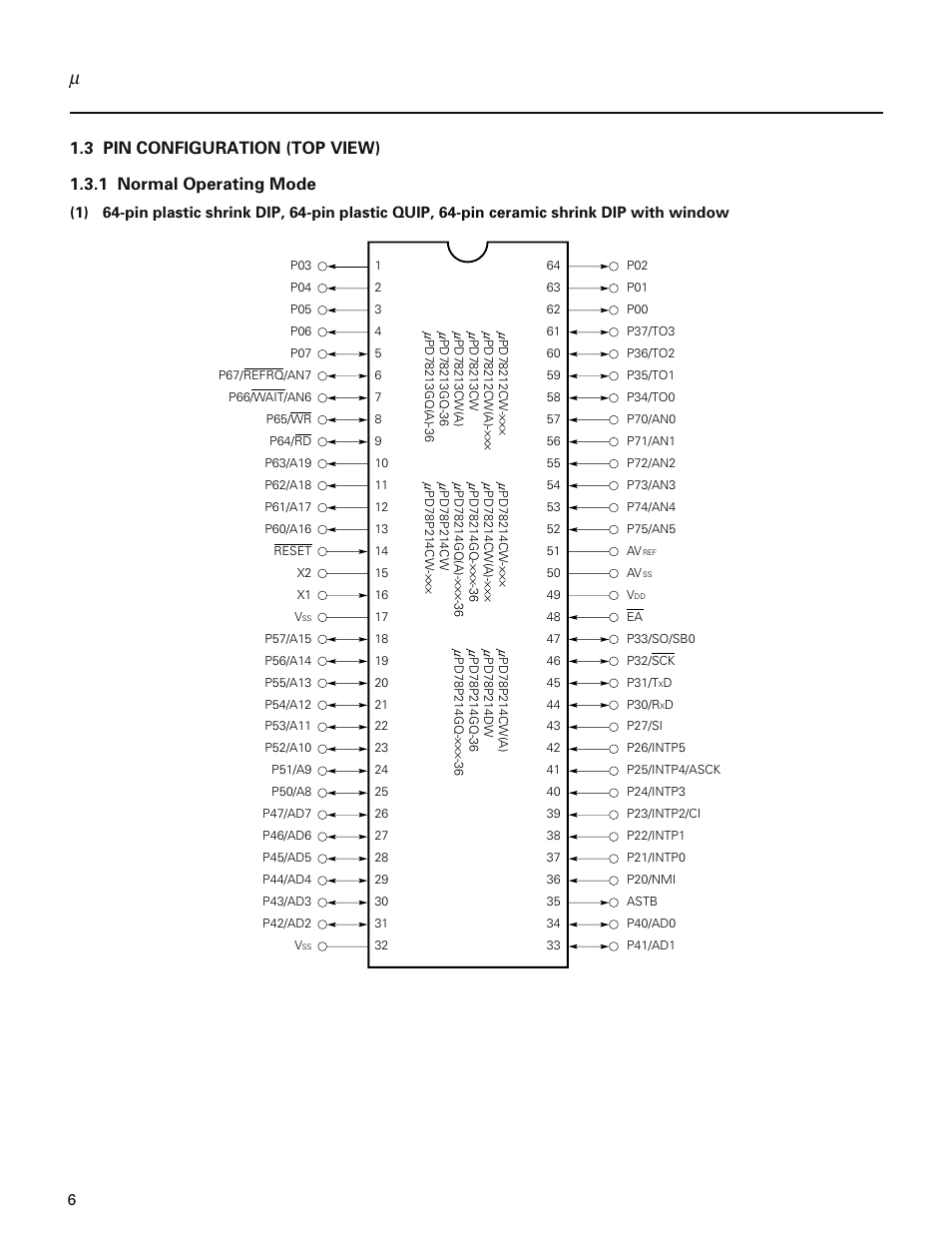 3 pin configuration (top view), 1 normal operating mode | NEC PD78214 User Manual | Page 35 / 487