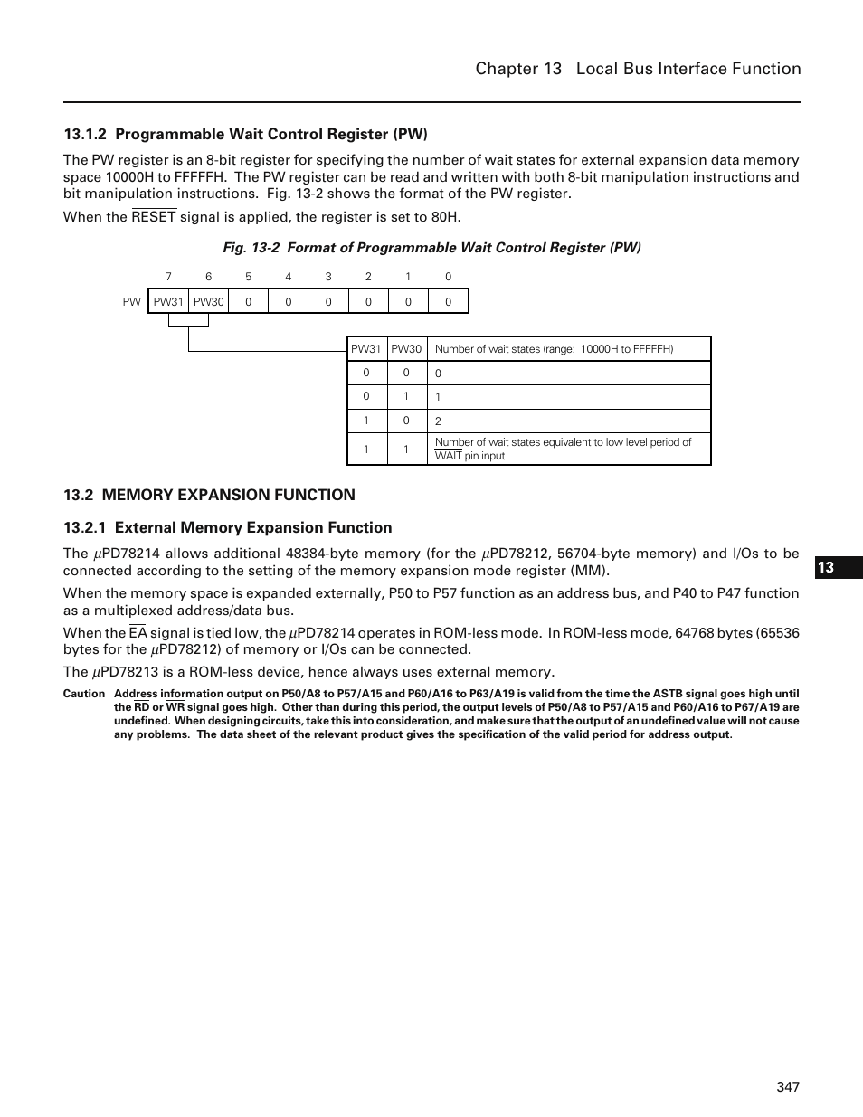 2 programmable wait control register (pw), 2 memory expansion function, 1 external memory expansion function | Chapter 13 local bus interface function | NEC PD78214 User Manual | Page 376 / 487