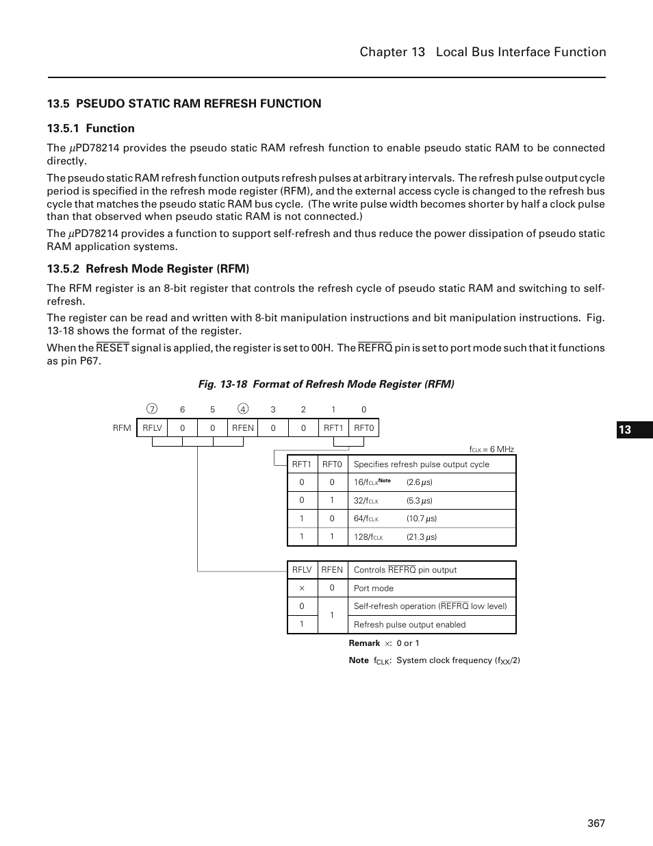 5 pseudo static ram refresh function, 1 function, 2 refresh mode register (rfm) | Chapter 13 local bus interface function | NEC PD78214 User Manual | Page 396 / 487