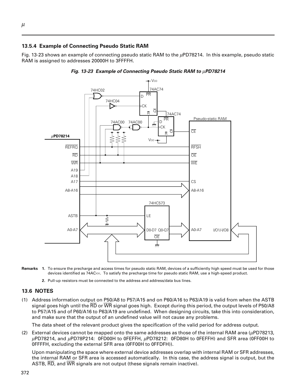 4 example of connecting pseudo static ram, 6 notes | NEC PD78214 User Manual | Page 401 / 487