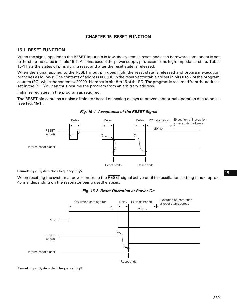 Chapter 15 reset function, 1 reset function | NEC PD78214 User Manual | Page 418 / 487