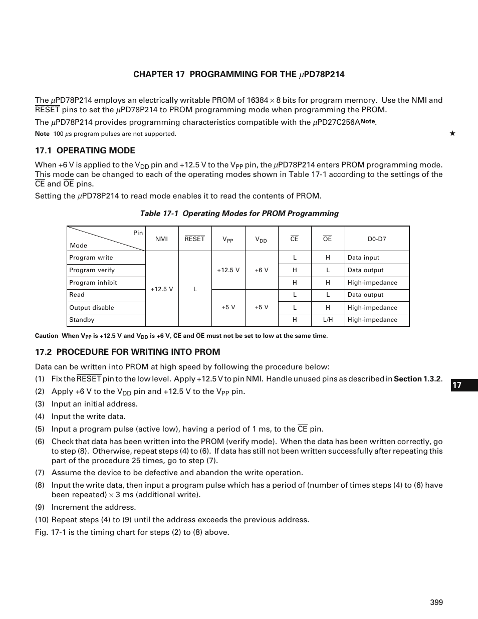 Chapter 17 programming for the µpd78p214, 1 operating mode, 2 procedure for writing into prom | NEC PD78214 User Manual | Page 428 / 487