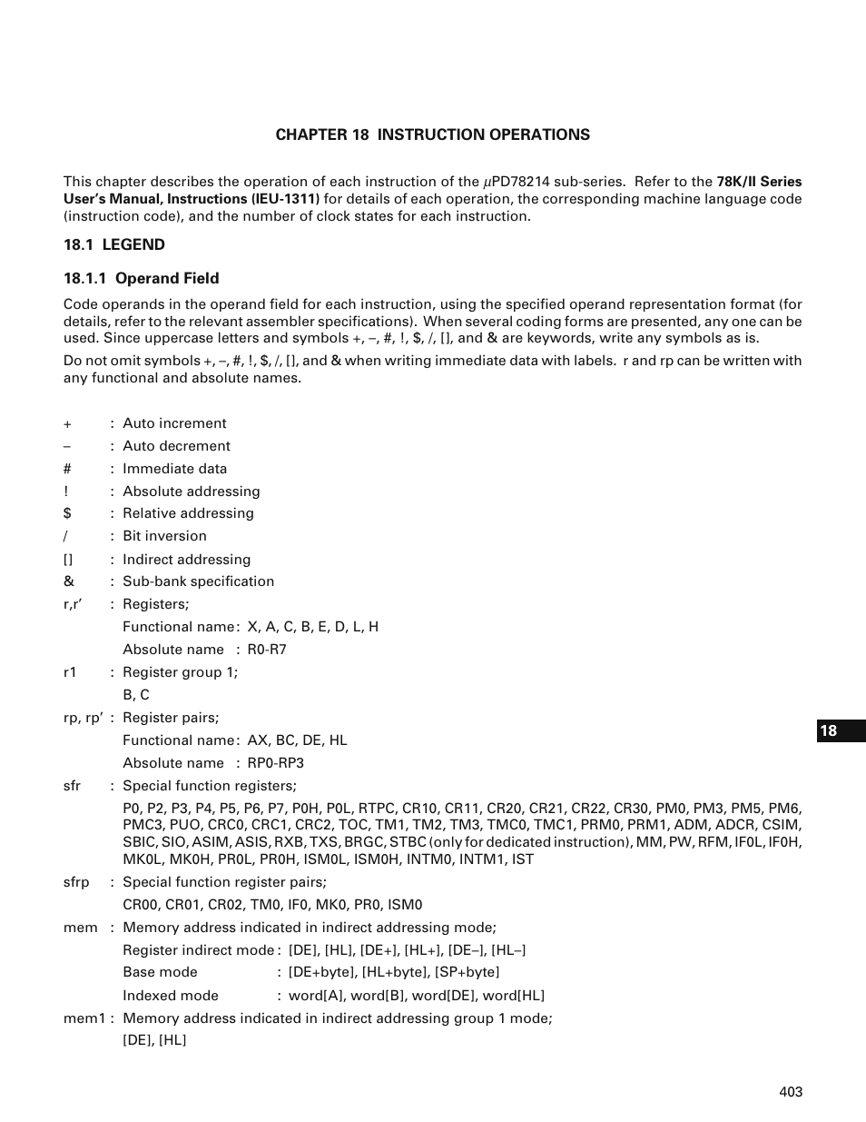 Chapter 18 instruction operations, 1 legend, 1 operand field | NEC PD78214 User Manual | Page 432 / 487