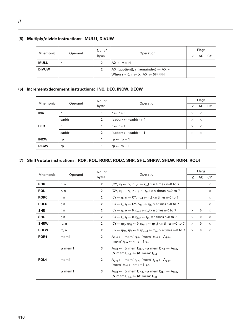 5) multiply/divide instructions: mulu, divuw | NEC PD78214 User Manual | Page 439 / 487