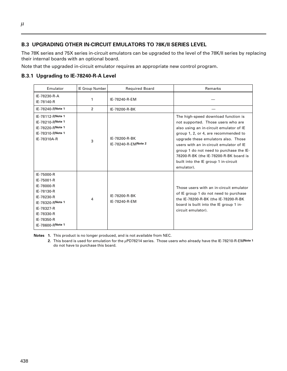 B.3.1 upgrading to ie-78240-r-a level | NEC PD78214 User Manual | Page 467 / 487