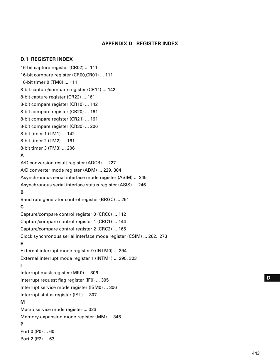 Appendix d register index, D.1 register index | NEC PD78214 User Manual | Page 472 / 487