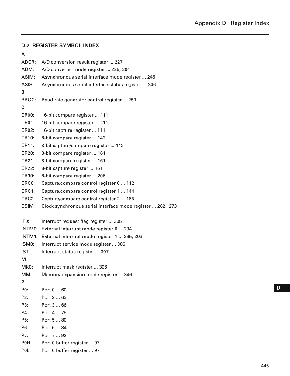 D.2 register symbol index | NEC PD78214 User Manual | Page 474 / 487