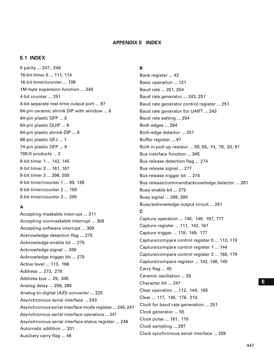 Appendix e index, E.1 index | NEC PD78214 User Manual | Page 476 / 487