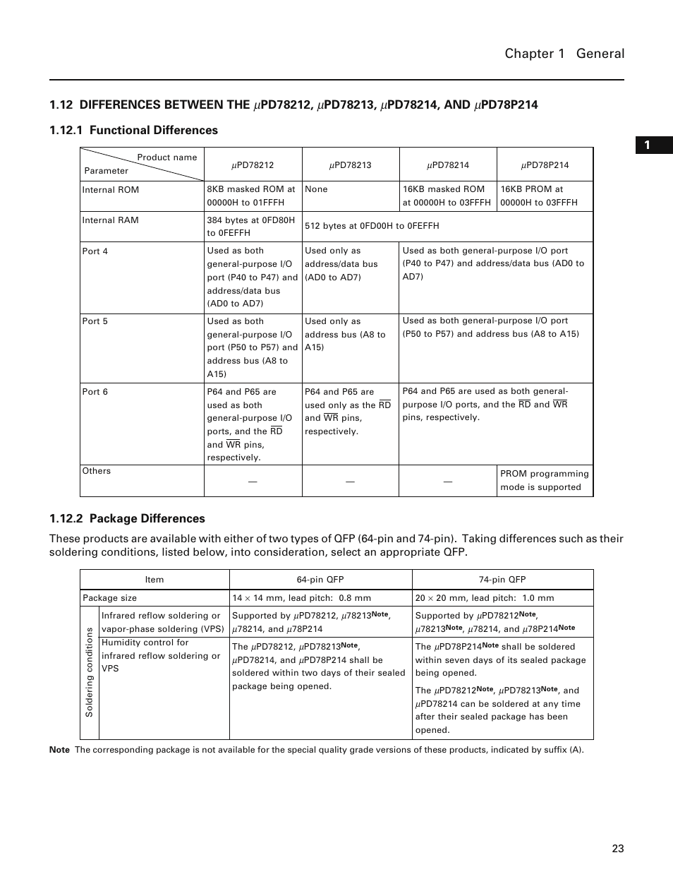 1 functional differences, 2 package differences, Chapter 1 general | NEC PD78214 User Manual | Page 52 / 487