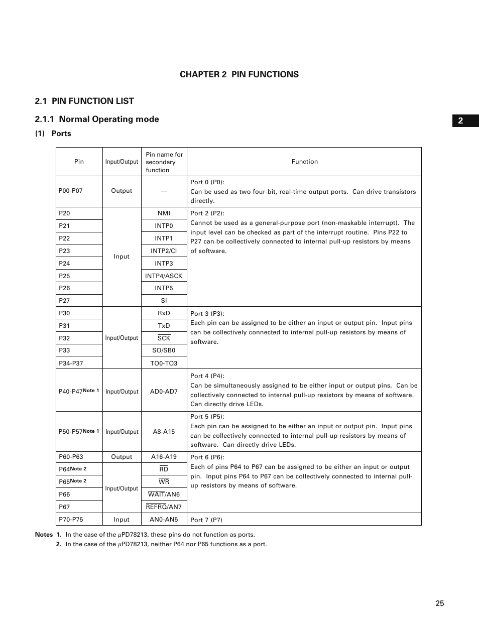 Chapter 2 pin functions, 1 pin function list, 1 normal operating mode | NEC PD78214 User Manual | Page 54 / 487