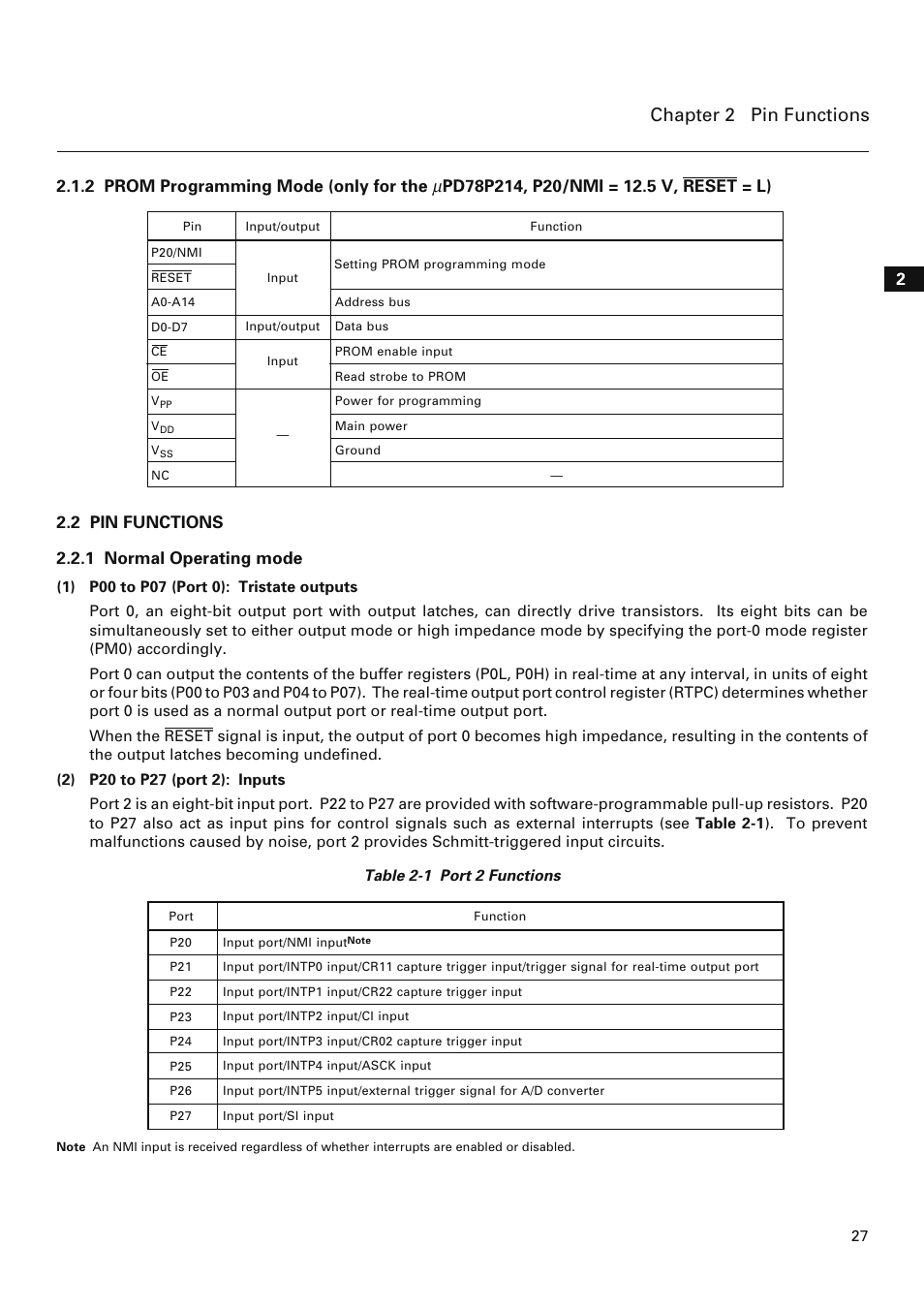 2 prom programming mode, 2 pin functions, 1 normal operating mode | Chapter 2 pin functions, 2 pin functions 2.2.1 normal operating mode | NEC PD78214 User Manual | Page 56 / 487