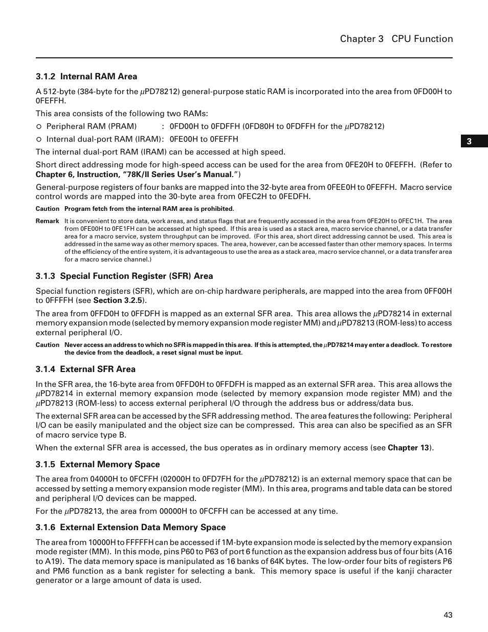 2 internal ram area, 3 special function register (sfr) area, 4 external sfr area | 5 external memory space, 6 external extension data memory space | NEC PD78214 User Manual | Page 72 / 487