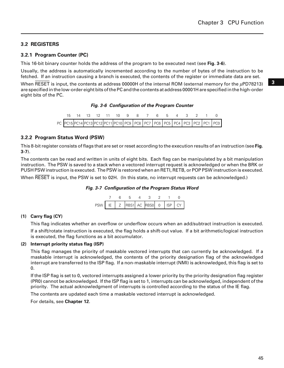 2 registers, 1 program counter (pc), 2 program status word (psw) | Chapter 3 cpu function, 2 registers 3.2.1 program counter (pc) | NEC PD78214 User Manual | Page 74 / 487