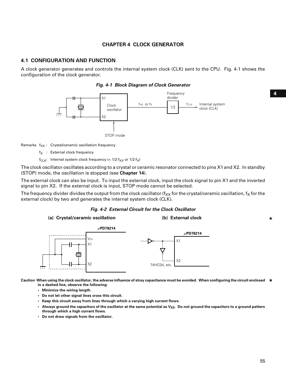 Chapter 4 clock generator, 1 configuration and function | NEC PD78214 User Manual | Page 84 / 487