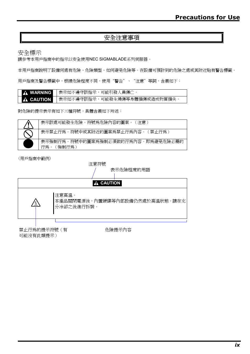 安全注意事項, Precautions for use, 安全注意事項 安全標示 | NEC N8406-022 User Manual | Page 17 / 62