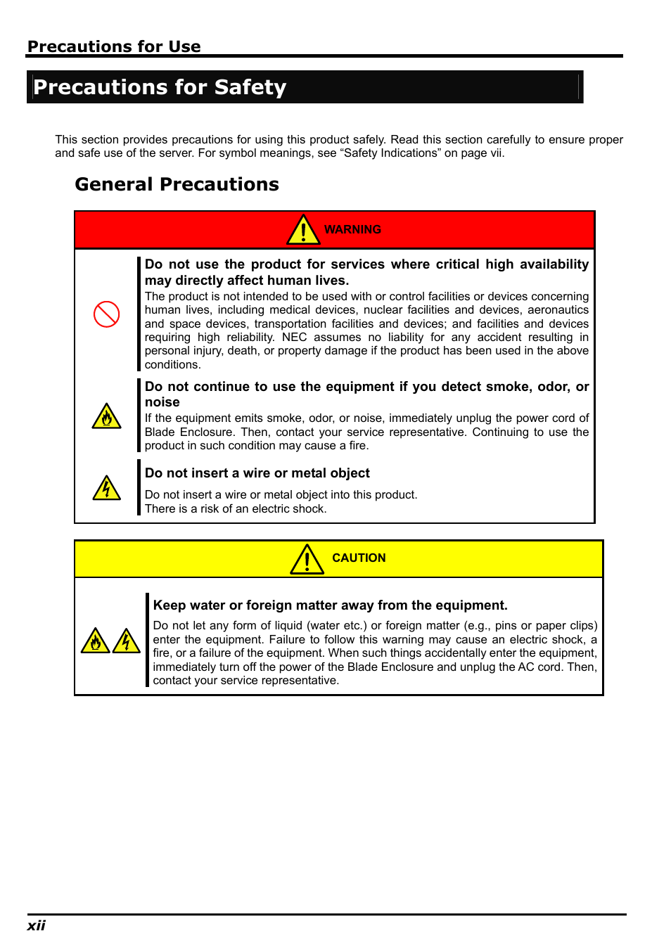Precautions for safety, General precautions, Precautions for use | NEC N8406-022 User Manual | Page 20 / 62